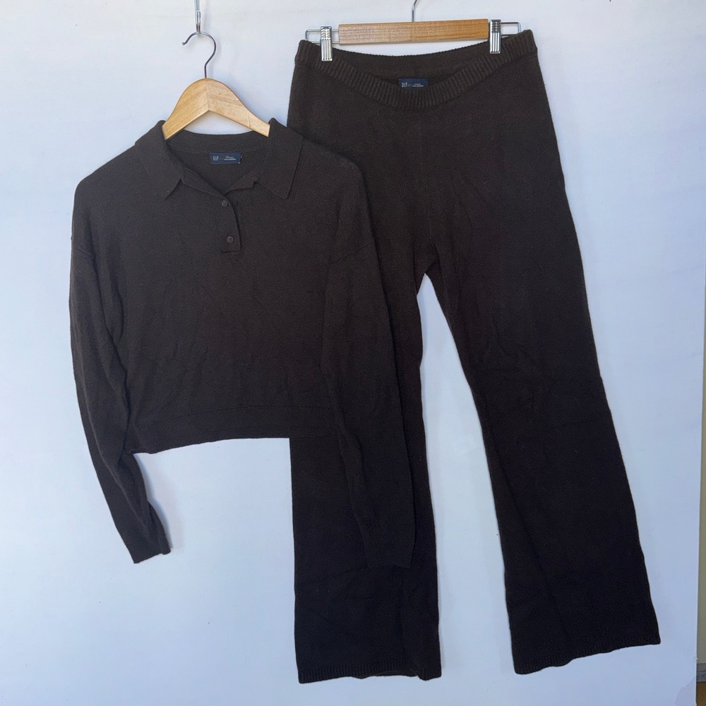 GAP Sweater Pants 2PC Set Women's‎ XS S Brown Crop Polo Flare Wide Ribbed Knit